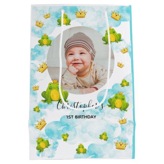 Blauwe Waterverf kikker Baby Foto Medium Cadeauzakje (Achterkant)