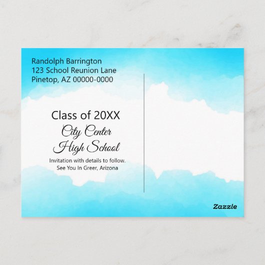 Blauwe Waterverf klasse reünie sparen de datum Briefkaart (Achterkant)