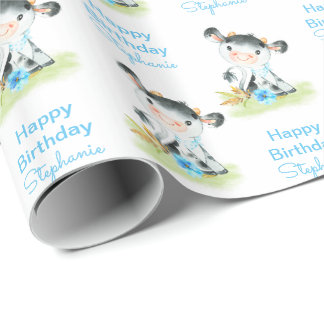 Blauwe Waterverf Kleine Koe Cadeaupapier