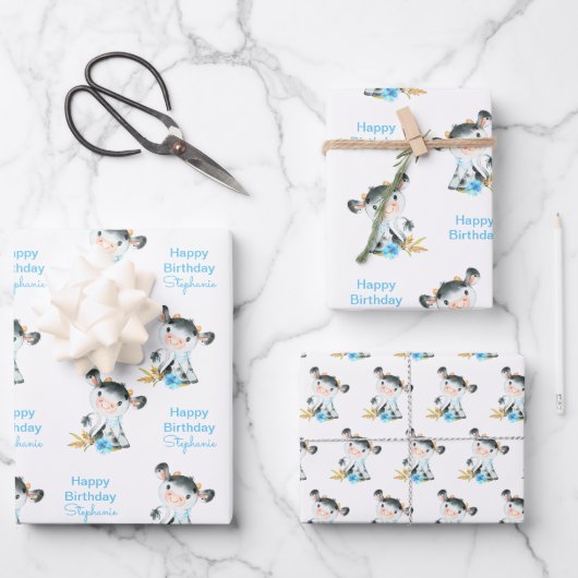 Blauwe Waterverf Kleine Koe Inpakpapier Vel (Voorkant)