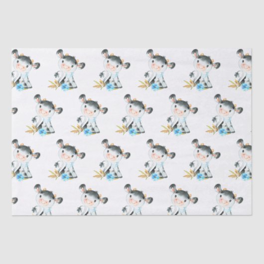 Blauwe Waterverf Kleine Koe Tissuepapier (Voorkant)