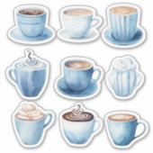 Blauwe Waterverf koffiekopjes 4 Sticker (Voorkant)
