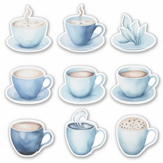 Blauwe Waterverf koffiekopjes Sticker (Voorkant)