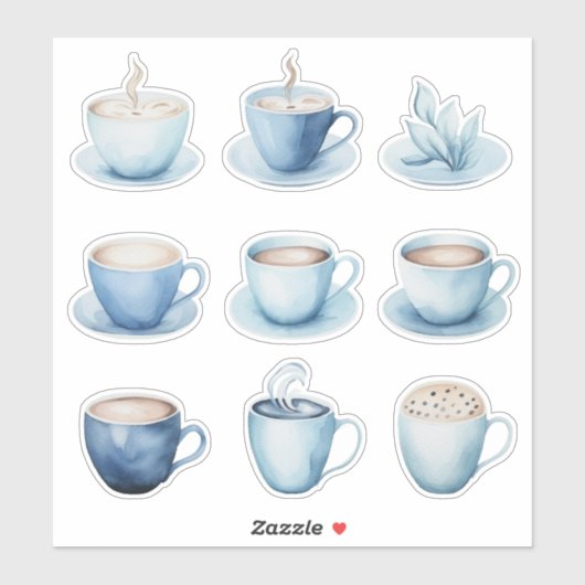 Blauwe Waterverf koffiekopjes Sticker (Vel)