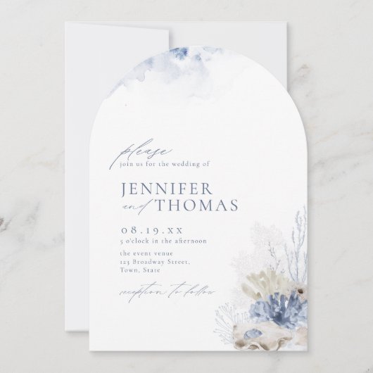 Blauwe waterverf koraal en zeeschildpadden strandb kaart (Voorkant)