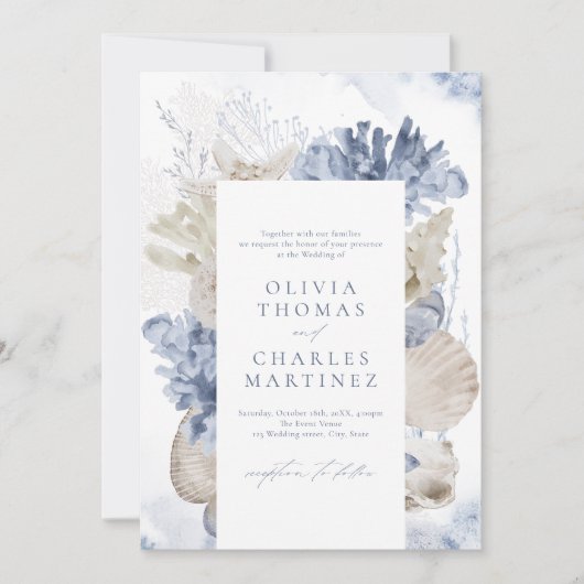 Blauwe waterverf koraal en zeeschildpadden strandb kaart (Voorkant)