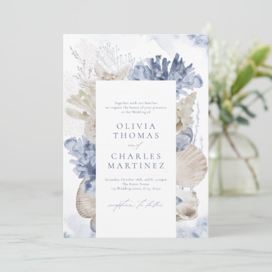 Blauwe waterverf koraal en zeeschildpadden strandb kaart (Staand voorkant)