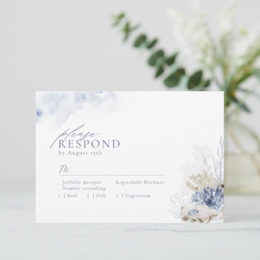 Blauwe waterverf koraal en zeeschildpadden strandb RSVP kaartje (Staand voorkant)