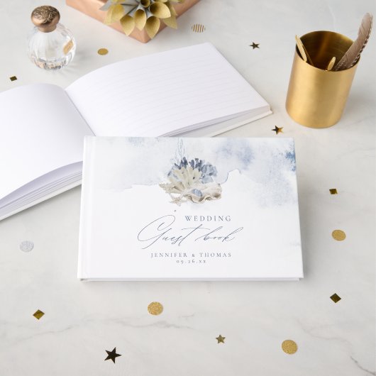 Blauwe waterverf koraal en zeeschildpaddenstrand b gastenboek (Voorkant open)