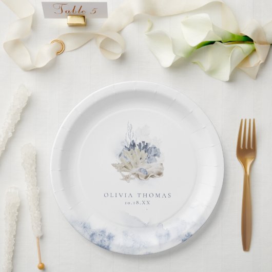 Blauwe waterverf koraal en zeeschildpaddenstrand b papieren bordje (Huwelijk)