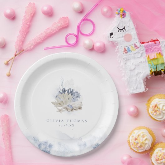 Blauwe waterverf koraal en zeeschildpaddenstrand b papieren bordje (Feest)