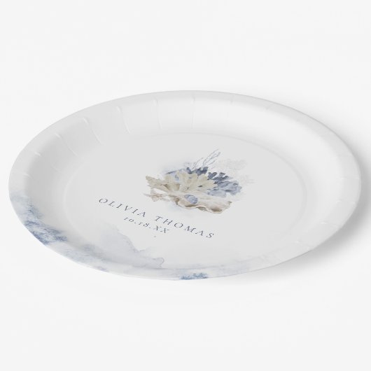 Blauwe waterverf koraal en zeeschildpaddenstrand b papieren bordje (Gekanteld)