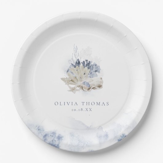 Blauwe waterverf koraal en zeeschildpaddenstrand b papieren bordje (Voorkant)