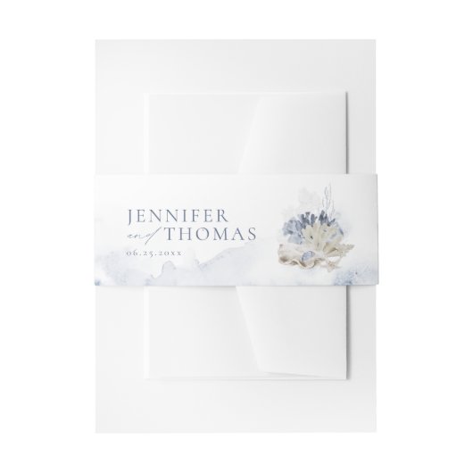 Blauwe waterverf koraal en zeeschildpaddenstrand b uitnodigingen wikkel (Voorkant Voorbeeld)