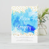 Blauwe waterverf, koraalrif confetti verloving kaart (Staand voorkant)