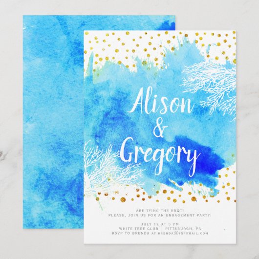 Blauwe waterverf, koraalrif confetti verloving kaart (Voorkant / Achterkant)