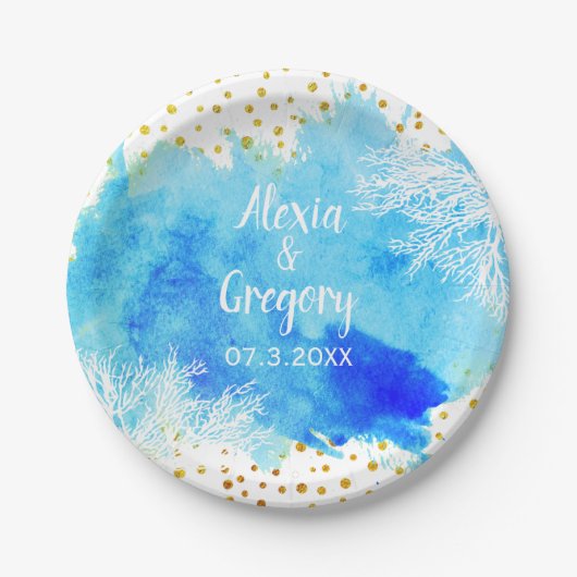Blauwe waterverf koraalrif gouden confetti bruilof papieren bordje (Voorkant)