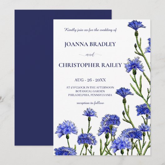 Blauwe Waterverf korenbloemen bloemenbruiloft Kaart (Voorkant / Achterkant)