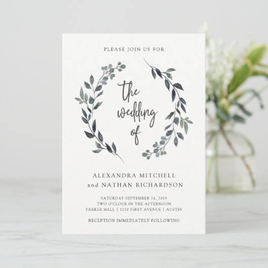 Blauwe Waterverf krans | Bruiloft Kaart (Staand voorkant)