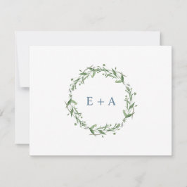 Blauwe Waterverf krans monogram Bedankkaart