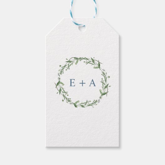 Blauwe Waterverf krans monogram Cadeaulabel (Voorkant)