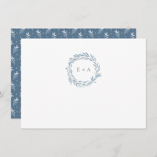 Blauwe Waterverf krans monogram patroon dank u Notitiekaartje (Voorkant / Achterkant)