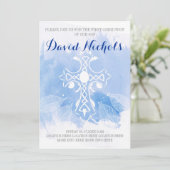 Blauwe waterverf kruis verlaat First Holy Communio Kaart (Staand voorkant)