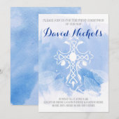 Blauwe waterverf kruis verlaat First Holy Communio Kaart (Voorkant / Achterkant)