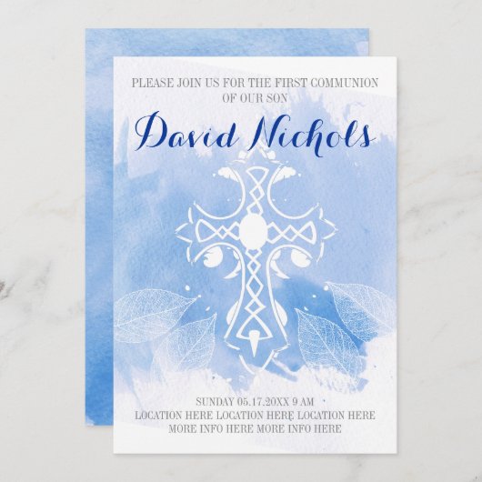 Blauwe waterverf kruis verlaat First Holy Communio Kaart (Voorkant / Achterkant)