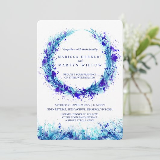 Blauwe waterverf kunst splat bruiloft uitnodiginge kaart (Staand voorkant)