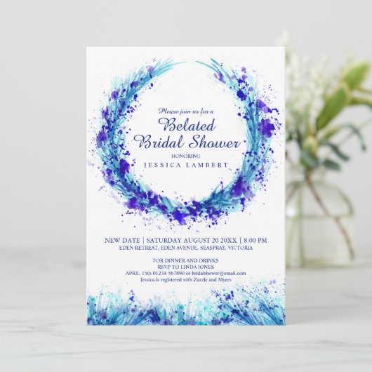 Blauwe waterverf kunst splat late vrijgezellenfees kaart (Staand voorkant)