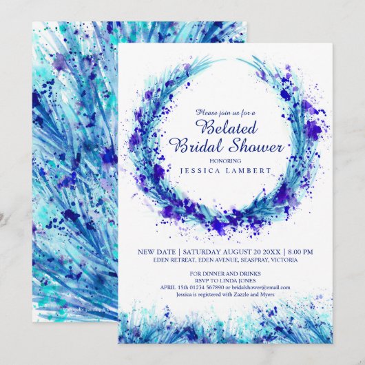 Blauwe waterverf kunst splat late vrijgezellenfees kaart (Voorkant / Achterkant)