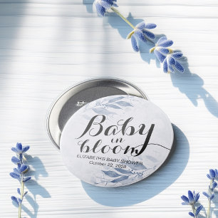 Blauwe Waterverf laat Baby shower Baby in Bloom Ronde Button 7,6 Cm