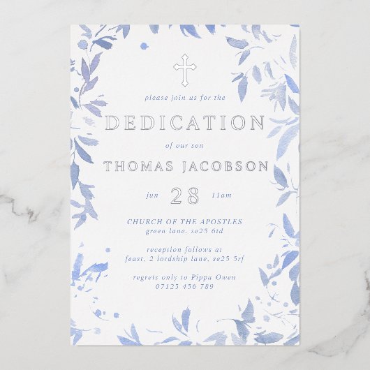 Blauwe Waterverf laat Baby toegewezen en slaafs ac Folie Uitnodiging (Voorkant)