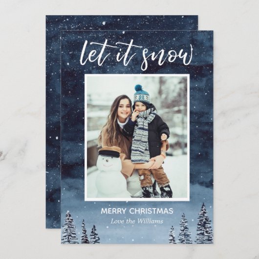 Blauwe Waterverf Laat het sneeuwkerstmis Feestdagenkaart (Voorkant / Achterkant)