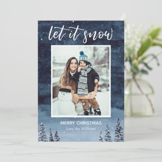 Blauwe Waterverf Laat het sneeuwkerstmis Feestdagenkaart (Staand voorkant)