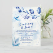 Blauwe Waterverf laat rustieke bruiloft Kaart (Staand voorkant)