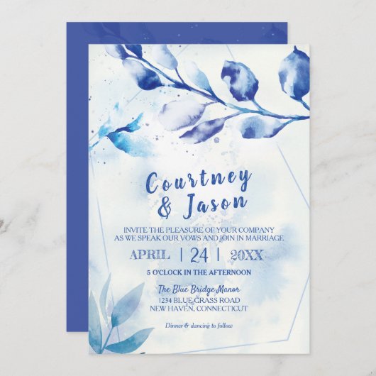 Blauwe Waterverf laat rustieke bruiloft Kaart (Voorkant / Achterkant)