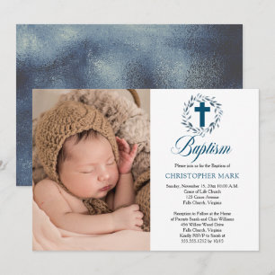 Blauwe Waterverf laat WreatBoy Foto Baptisme achte Kaart