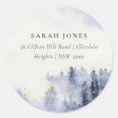 BLAUWE WATERVERF LANDSCAPE TREE FOLIAGE ADRES RONDE STICKER (Voorkant)