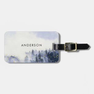 BLAUWE WATERVERF LANDSCAPE TREE FOLIAGE MONOGRAM BAGAGELABEL