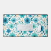 Blauwe Waterverf Lentebloemen Elegante Bloemen Bureaumat (Keyboard & Muis)