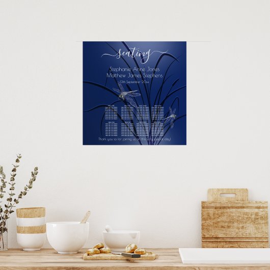 Blauwe Waterverf Libellen 8 Tafel Zitplaatsen c2 Poster (Keuken)