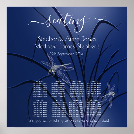 Blauwe Waterverf Libellen 8 Tafel Zitplaatsen c2 Poster (Voorkant)