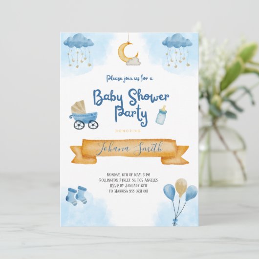 Blauwe Waterverf Maan en sterren Baby shower Kaart (Staand voorkant)