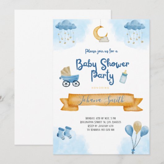 Blauwe Waterverf Maan en sterren Baby shower Kaart (Voorkant / Achterkant)