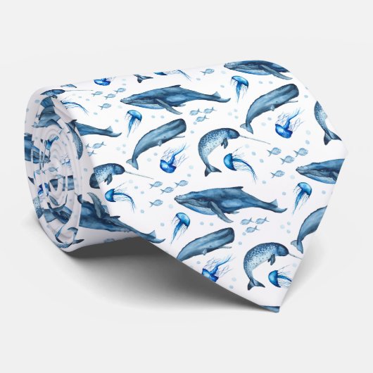 Blauwe Waterverf Mariene Dieren | Necktie Stropdas (Opgerold)