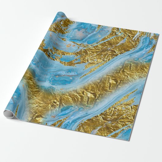 Blauwe Waterverf marmer en goudolie Cadeaupapier (Uitgerold)
