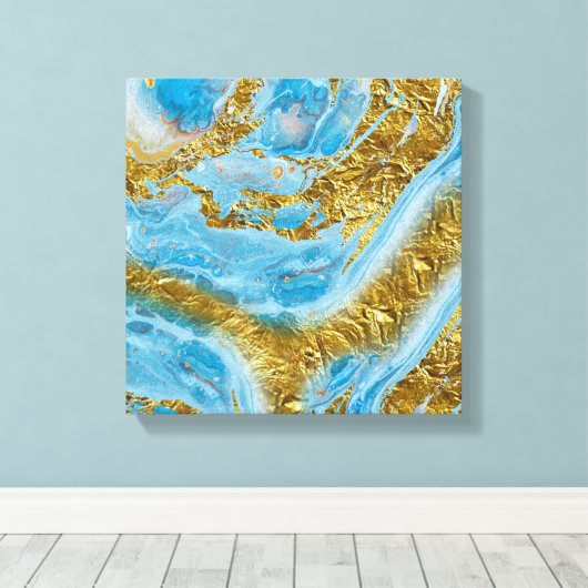 Blauwe Waterverf marmer en goudolie Canvas Afdruk (Insitu (Houten vloer))
