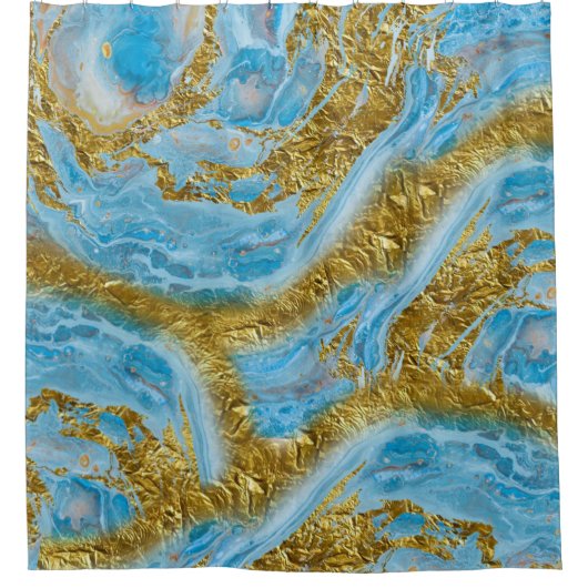 Blauwe Waterverf marmer en goudolie Douchegordijn (Voorkant)